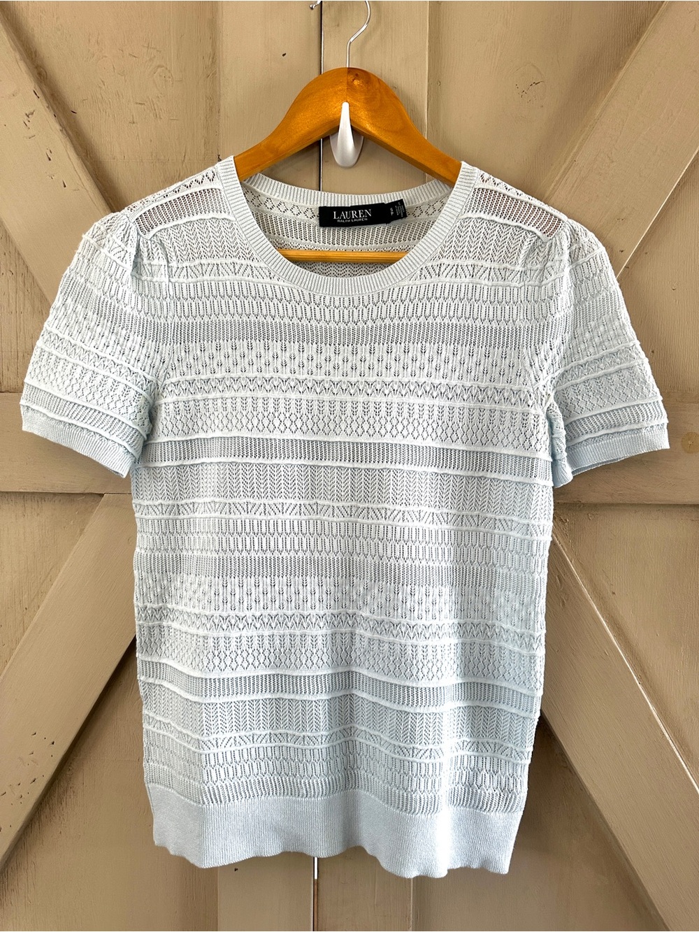 Lauren Ralph Lauren Open Knit Sweater Top Light Blue Short Sleeve Size Small